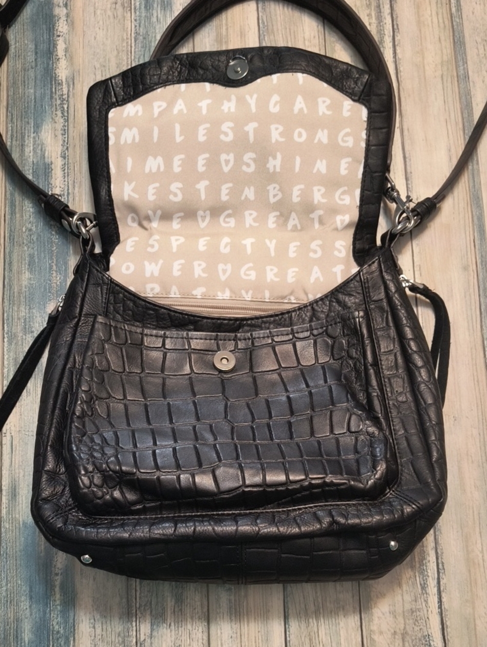 Aimee Kestenberg Leather Shoulder Bag -Fifth Avenue Black Croco - Picture 3 of 11